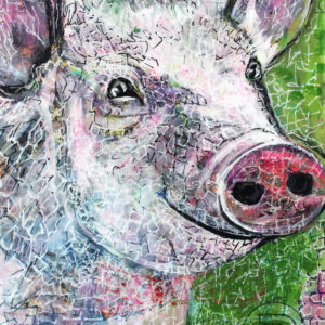 Peinture acrylique sur toile du visage d'un cochon rose en gros plan, avec le regard assez heureux et entouré de la couleur verte.