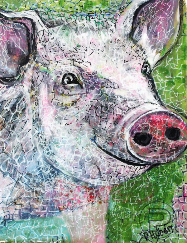 Peinture acrylique sur toile du visage d'un cochon rose en gros plan, avec le regard assez heureux et entouré de la couleur verte.