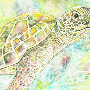 Peinture acrylique sur toile d'une tortue au regard songeur, colorée de différents tons de vert et de jaune, en gros plan et entourée de nuances de bleu et de jaune.