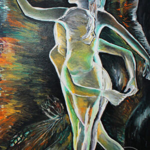 Peinture acrylique sur toile d'une femme nue dans un mouvement paisible de danse, entourée de teintes foncées de noir, d'oranger et de vert.