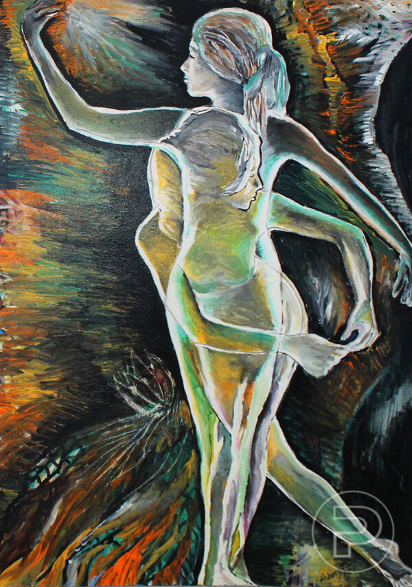 Peinture acrylique sur toile d'une femme nue dans un mouvement paisible de danse, entourée de teintes foncées de noir, d'oranger et de vert.