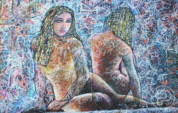 Peinture acrylique sur toile d'une femme nue au regard pensif, assise de côté, avec son reflet miroir derrière elle, entourée de formes abstraites dans différentes nuances de bleu, de violet et de rouge.