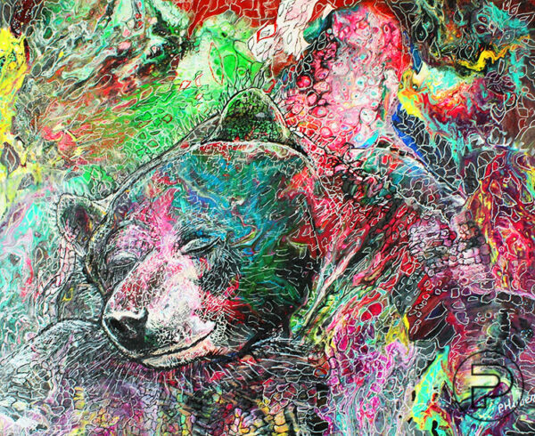 Peinture acrylique sur toile d'un ours qui dort paisiblement dans des nuances de rouge, de vert, de jaune et de bleu.