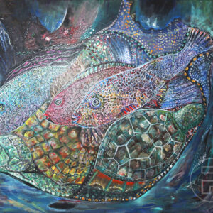 Peinture acrylique sur toile du profil d'un groupe de tortues et poissons en gros plan, nageant dans la même direction, entourés d'une multitude de couleurs profondes dans différents tons de bleu, de mauve, de rose et de vert.