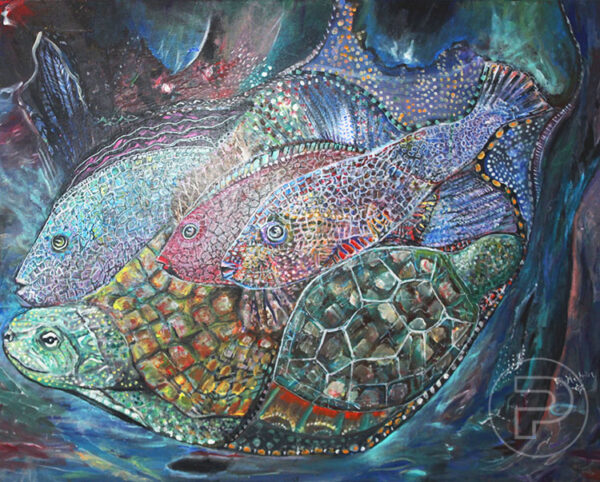 Peinture acrylique sur toile du profil d'un groupe de tortues et poissons en gros plan, nageant dans la même direction, entourés d'une multitude de couleurs profondes dans différents tons de bleu, de mauve, de rose et de vert.