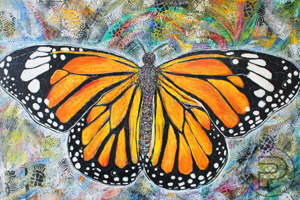 Peinture acrylique sur toile d'un gigantesque papillon orange, dans un décor de formes abstraites, colorées de jaune, de vert, de blanc, de mauve et de noir.