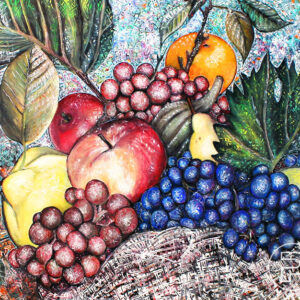 Peinture acrylique sur toile d'une nature morte de fruits colorés, incluant un citron, des raisins, des poires, des pommes, une courge, une orange et des feuilles vertes, en gros plan.