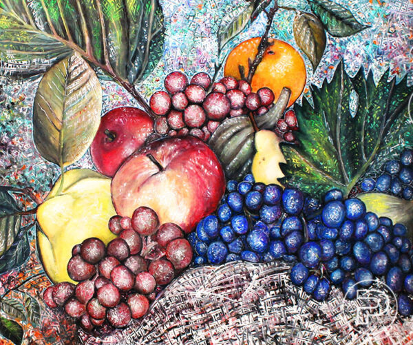 Peinture acrylique sur toile d'une nature morte de fruits colorés, incluant un citron, des raisins, des poires, des pommes, une courge, une orange et des feuilles vertes, en gros plan.