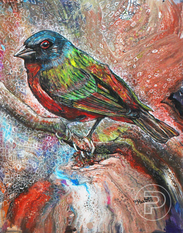 Peinture acrylique sur toile d'un oiseau bleu, rouge, vert et jaune perché sur une branche, entouré de petites formes géométriques dans des teintes d'oranger, de bleu, de blanc et de rouge.