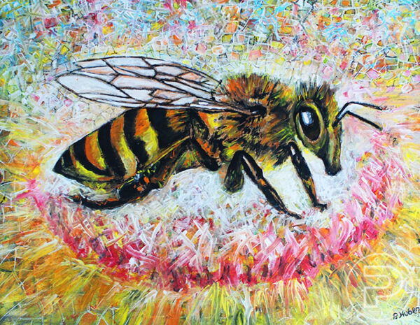 Peinture acrylique sur toile d'une abeille en gros plan, sur une fleur texturée et remplie de petites formes géométriques dans des teintes de jaune, de rose, de blanc et de turquoise.