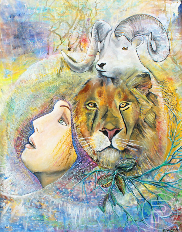 Peinture acrylique sur toile de l'amalgame d'une femme, d'un lion et d'une chèvre, entourés de nature et d'un halo de lumière dans des teintes de jaune, bleu, mauve, vert, blanc et doré.