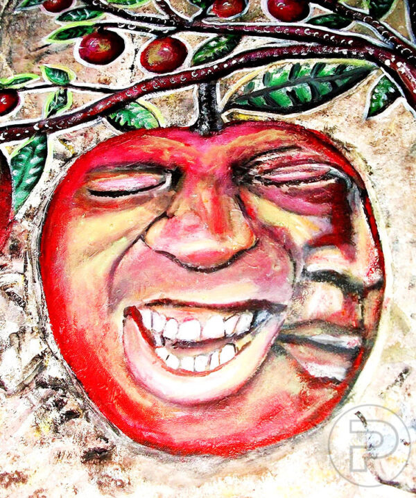 Peinture acrylique sur toile d'une pomme rouge géante, contenant des visages, entourée de branches de pommier garnies et un fond dans des teintes de brun.