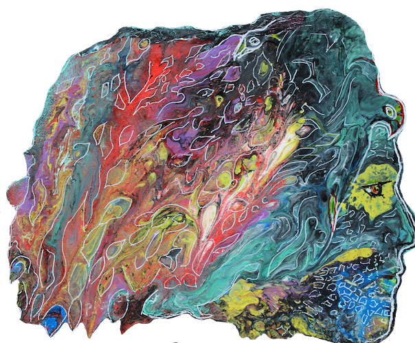Version découpée de la peinture acrylique sur toile d'un homme de profil avec le visage et les cheveux remplis de couleurs et d'animaux fusionnés, dans les teintes de turquoise, de jaune, de bleu, de fuchsia, de rouge, de bleu foncé et de noir.