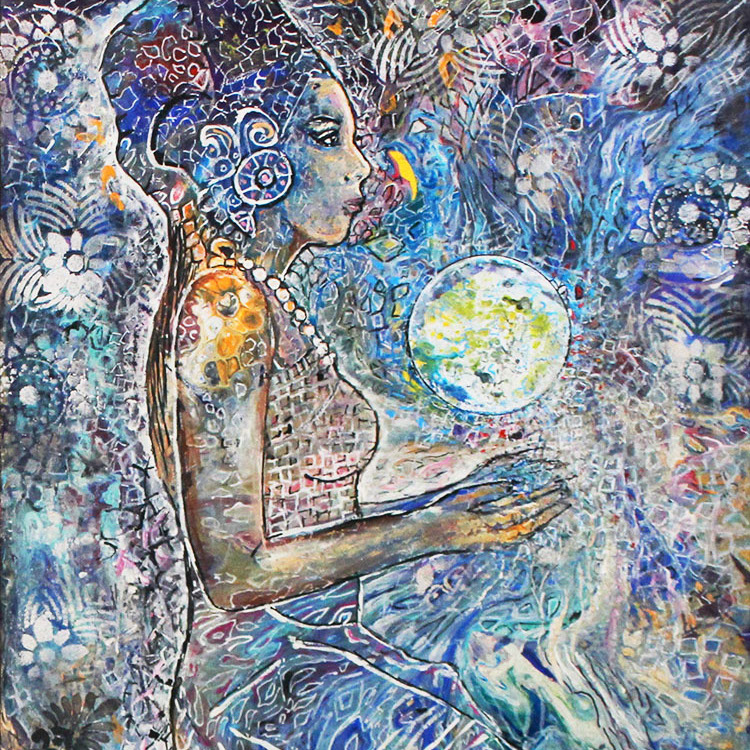 Version carrée de la peinture acrylique sur toile d'une femme assise sur ses mollets qui regarde une boule de lumière ou de cristal dans ses mains, entourée de symboles colorés.