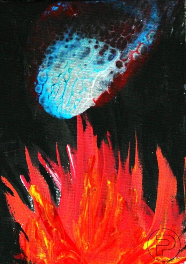 Peinture acrylique sur toile d'une image abstraite sur fond noir où le bas de l'image est un feu ardent, orange et jaune, surplombé d'un objet qui pourrait être une tête de serpent, un spermatozoïde, ou autre chose, de couleur turquoise, rouge et blanc.