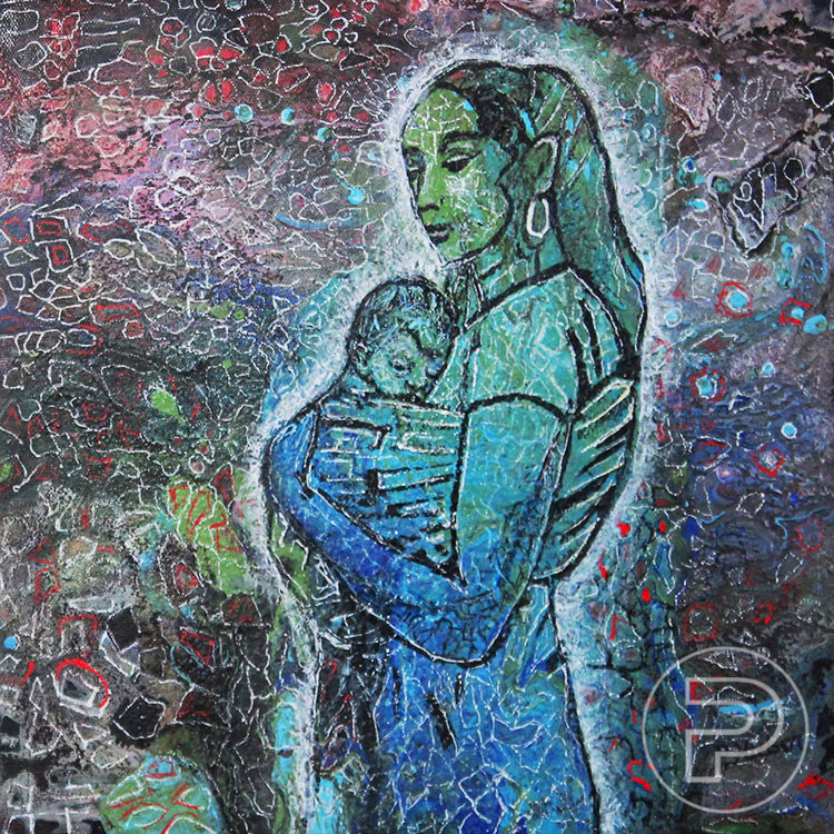 Version carrée de la peinture acrylique sur toile, dans les teintes de bleu, de gris, de violet, de rouge et de noir, d'une femme de côté, au regard de contentement, tenant un enfant qui dort dans ses bras, entourés de petites formes géométriques colorées.
