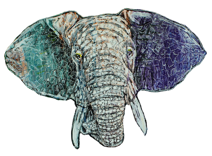 Version découpée de la peinture acrylique sur toile d'un éléphant en gros plan, rempli de couleurs en mouvement dans les teintes de vert, d'oranger et de violet, entouré d'un paysage abstrait dans les mêmes tonalités.