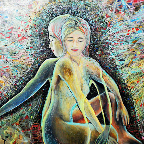 Version carrée de la peinture acrylique sur toile d'une femme nue au visage apaisé, assise au milieu de textures et de motifs colorés.