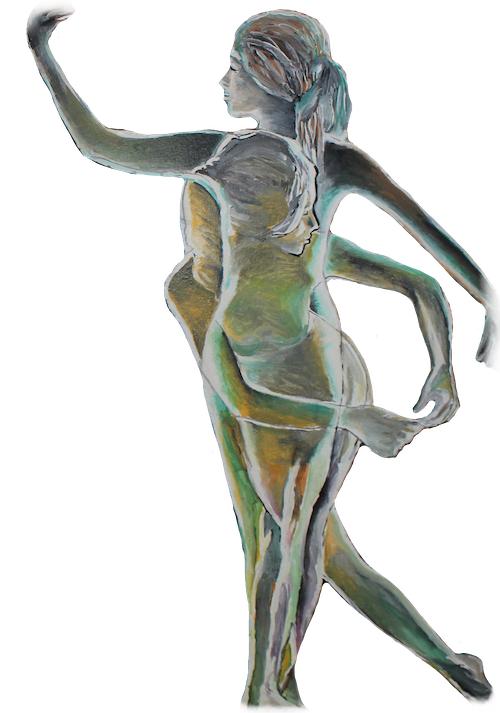 Version découpée de la peinture acrylique sur toile d'une femme nue dans un mouvement paisible de danse, entourée de teintes foncées de noir, d'oranger et de vert.