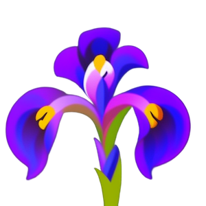 Logo de l'Exposition Tout en Fleurs, représenté par un iris versicolore mauve et jaune, qui est également la fleur emblématique du Québec et la création de l'hybrider Tony Huber.
