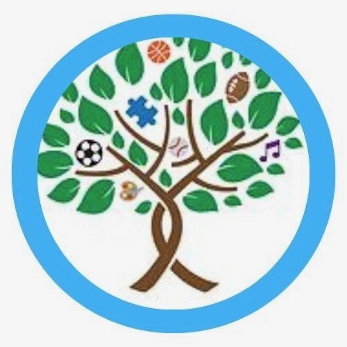 Logo de la Fondation Jean-Paul Campeau qui est représentée par un arbre avec des feuilles et une note de musique, un ballon de soccer, un ballon de football, un ballon de basketball, un morceau de casse-tête, de la peinture et une balle de baseball avec le tout entouré d'un cercle bleu.