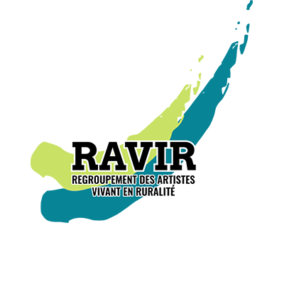 Logo du Regroupement RAVIR avec un coup de pinceau vert lime et un autre turquoise derrière le lettrage en noir.