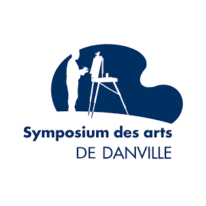 Logo du Symposium des Arts de Danville qui représente une personne en blanc, en train de peinturer sur un fond bleu marin en forme de palette de peinture.
