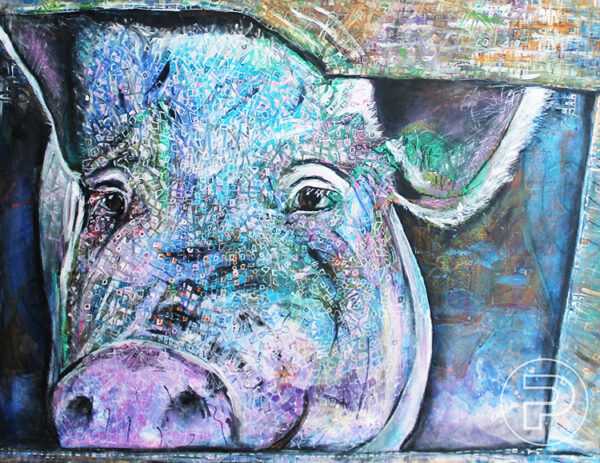 Peinture acrylique sur toile d'un cochon de couleurs rose, turquoise, vert et blanc avec son visage en gros plan, et des yeux songeurs, à l'intérieur d'un contenant qui ressemble à une boîte texturisée de taches vertes, bleu ciel, orange et violet.