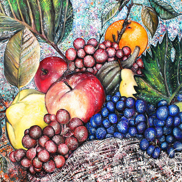 Version carrée de la peinture acrylique sur toile d'une nature morte de fruits colorés, incluant un citron, des raisins, des poires, des pommes, une courge, une orange et des feuilles vertes, en gros plan.