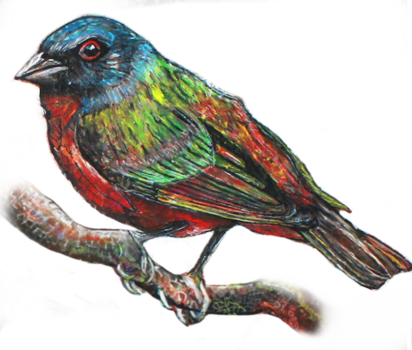 Version découpée de la peinture acrylique sur toile d'un oiseau bleu, rouge, vert et jaune perché sur une branche, entouré de petites formes géométriques dans des teintes d'oranger, de bleu, de blanc et de rouge.