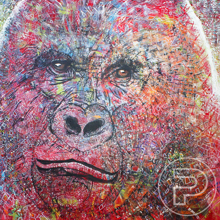 Version carrée de la peinture acrylique sur toile du visage d'un gorille au regard perçant et coloré de petits motifs géométriques dans les teintes de rouge, en gros plan.