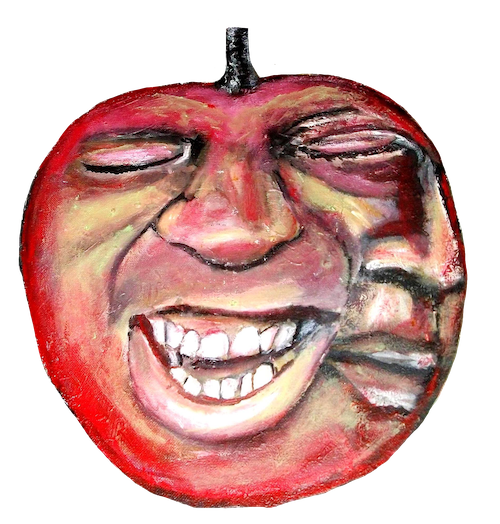 Version découpée de la peinture acrylique sur toile d'une pomme rouge géante, contenant des visages, entourée de branches de pommier garnies et un fond dans des teintes de brun.