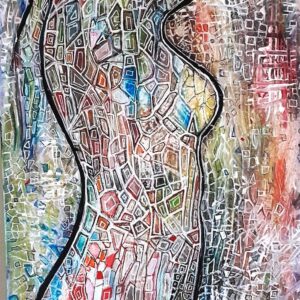 Peinture acrylique sur toile d'une femme pensive debout avec ses bras sur sa tête, colorée et entourée de symboles géométriques de contour noir et de couleurs bleue, verte, rouge, blanche, jaune, rose, brun et violet avec dans le coin droit au bas qui est également rempli de mêmes formes colorées.